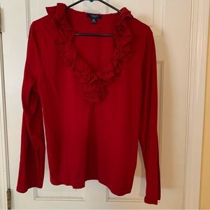 Red long sleeve v-neck top with ruffle by Chaps.